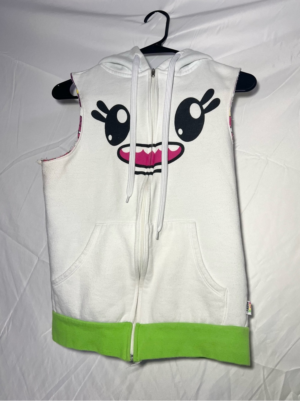 Women White Sleeveless Zip Hoodie with Pink Face and Green Hem